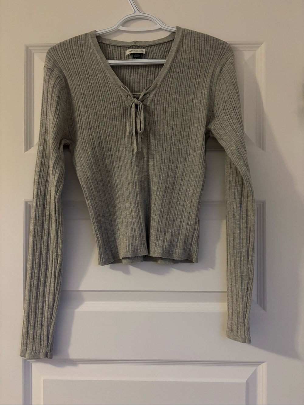Ribbed Lace-Up Sweater - Light Gray